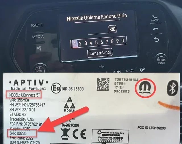 Fiat Egea Continental / Mopar Teyp Kodu Girme ve Onaylama Ekranı
